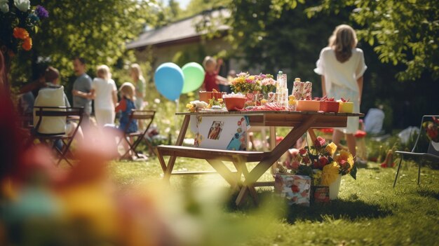 Juegos divertidos en la fiesta de cumpleaños en el fondo de la naturaleza