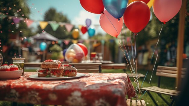 Juegos divertidos en la fiesta de cumpleaños en el fondo de la naturaleza