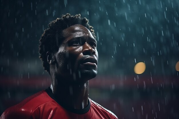 Jugador de fútbol masculino en el campo durante la lluvia