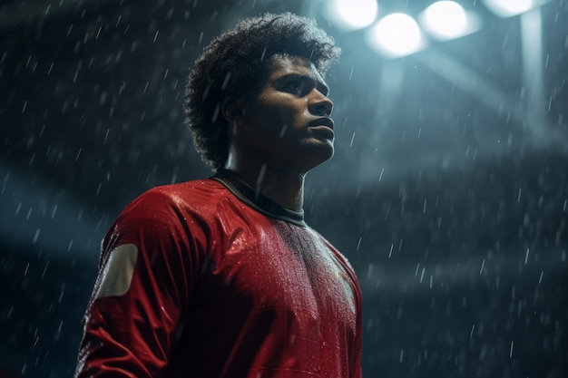 Jugador de fútbol masculino en el campo durante la lluvia