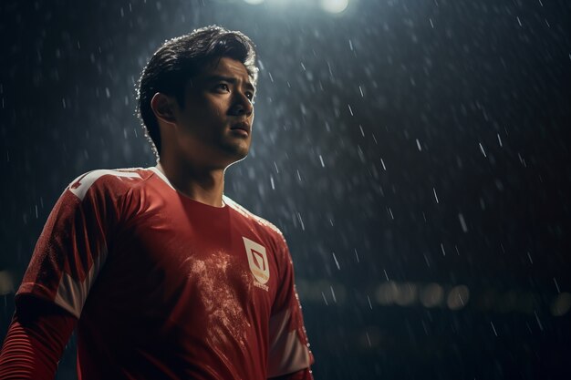 Jugador de fútbol masculino en el campo durante la lluvia