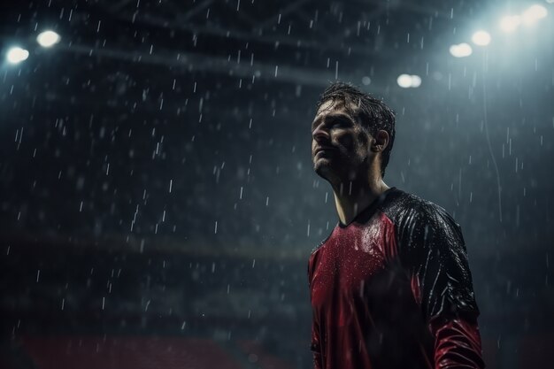 Jugador de fútbol masculino en el campo durante la lluvia