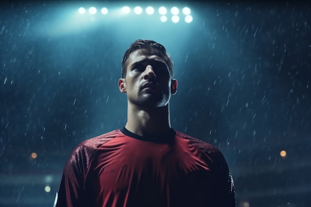 Foto gratuita jugador de fútbol masculino en el campo durante la lluvia