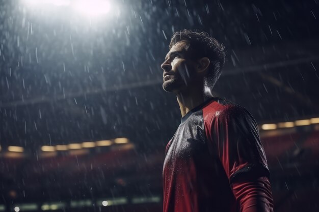 Jugador de fútbol masculino en el campo durante la lluvia