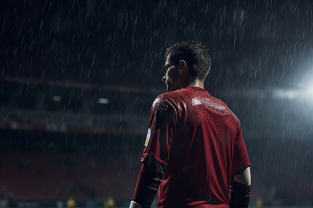 Jugador de fútbol masculino en el campo durante la lluvia