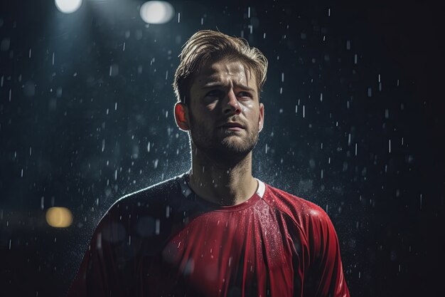 Jugador de fútbol masculino en el campo durante la lluvia