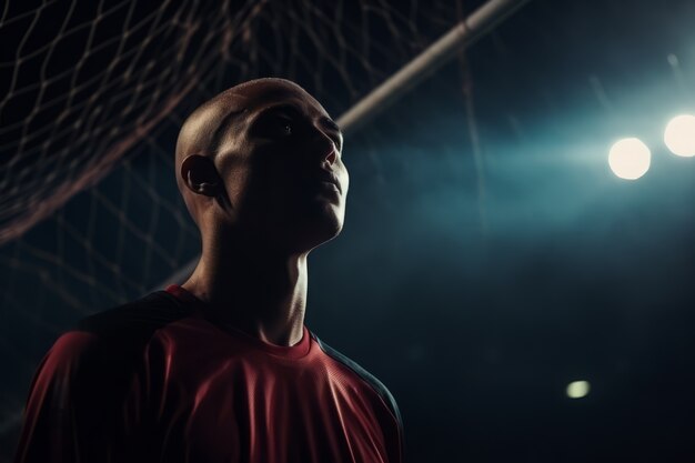 Jugador de fútbol masculino en el campo por la noche