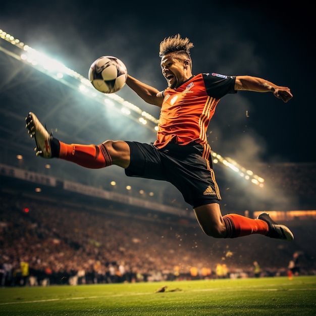 Jugador de fútbol masculino con pelota en el campo de hierba