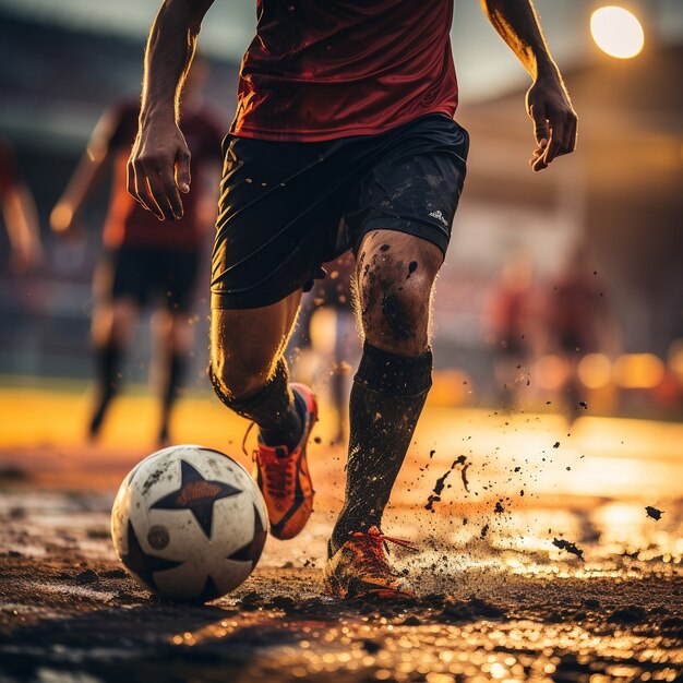 Jugador de fútbol masculino con pelota en el campo de hierba