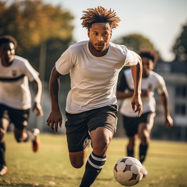 Jugador de fútbol masculino con pelota en el campo de hierba