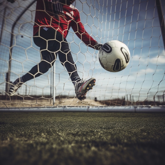 Jugador de fútbol masculino con pelota en el campo de hierba