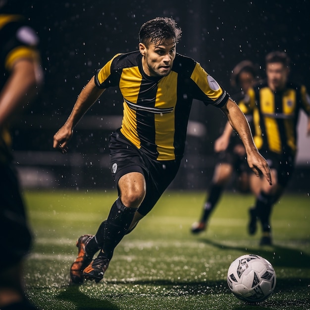 Foto gratuita jugador de fútbol masculino con pelota en el campo de hierba