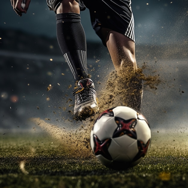 Jugador de fútbol con pelota en campo de hierba