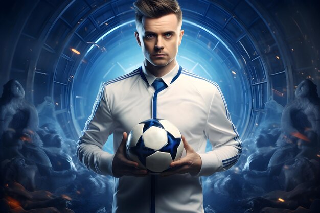 Un jugador de fútbol con traje blanco se encuentra sobre un fondo azul futurista.