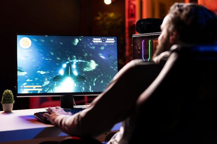 Foto gratuito jugador navegando por el universo en un juego de simulación jugando en la computadora