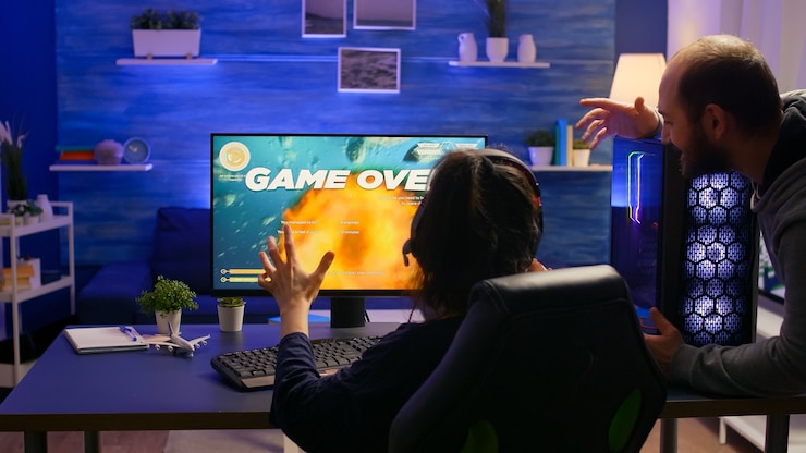 Foto gratuito jugador profesional que pierde el torneo de videojuegos de disparos espaciales con equipo profesional