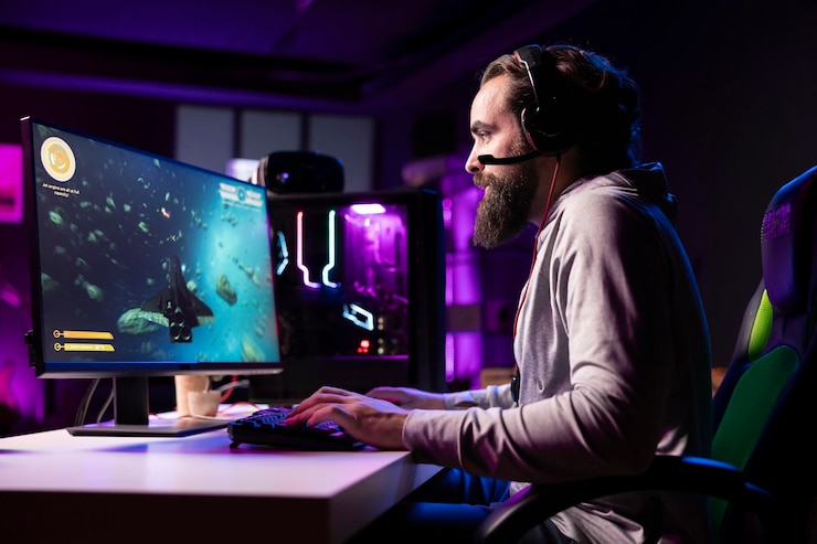 Foto gratuito jugador profesional usando auriculares de pc para unirse a una competición de esports con sus compañeros de equipo