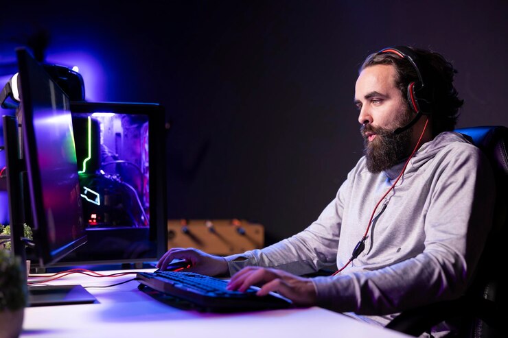 Foto gratuito jugador transmitiendo juego en un estudio oscuro entreteniendo a la audiencia