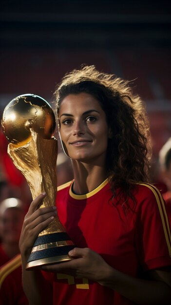 Jugadora de fútbol española con trofeo de copa mundial en el estadio