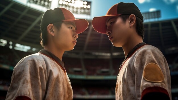 Jugadores de béisbol de tiro medio en el campo.