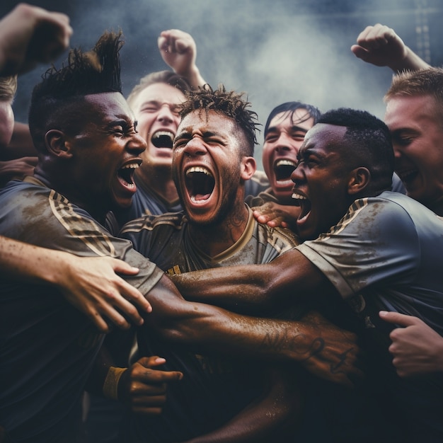 Jugadores de fútbol acurrucados y celebrando juntos la victoria