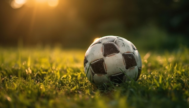 Jugando al fútbol sobre hierba verde bajo la luz solar generada por IA