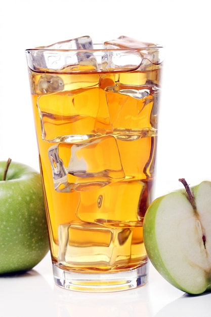 Jugo de manzana con manzanas alrededor