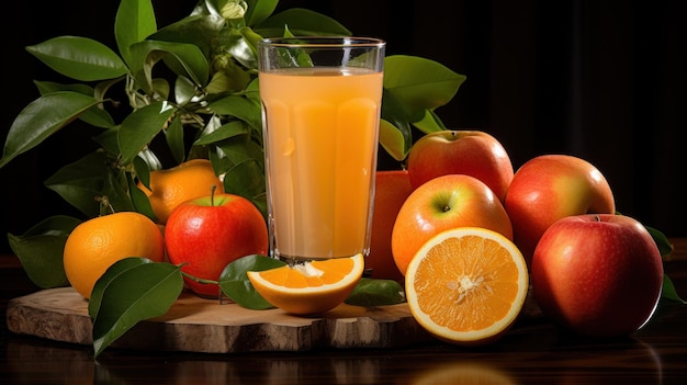 Foto gratuita jugo de manzana y naranja recién mezclado con frutas enteras