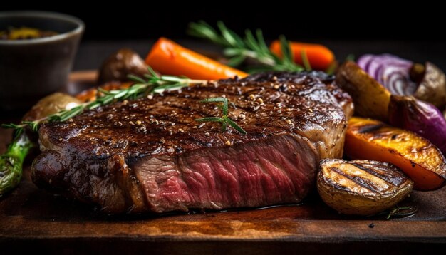 Jugosa carne a la parrilla en un plato rústico de madera generado por IA