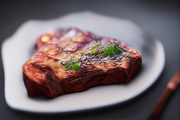 Foto gratuita jugosas rebanadas de carne de res medianas en una sartén sobre tabla de madera con hierbas, especias y sal generativa