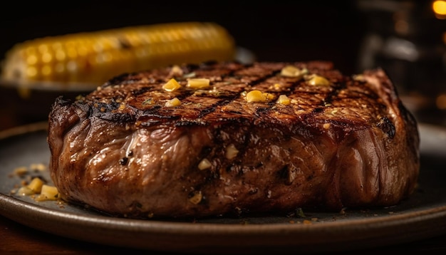 Foto gratuita jugoso bistec a la parrilla en un plato de madera rústica generado por ia