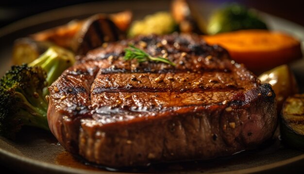 Jugoso bistec a la parrilla con verduras frescas y hierbas generadas por IA