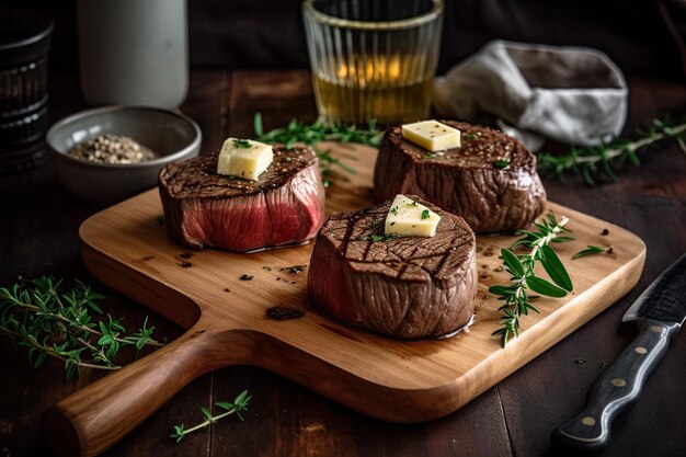 Jugoso filete mignon a la parrilla con mantequilla en una mesa rústica de madera con verduras Ai generativo