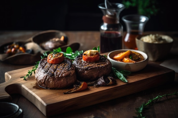 Jugoso filete mignon a la parrilla con mantequilla en una mesa rústica de madera con verduras Ai generativo