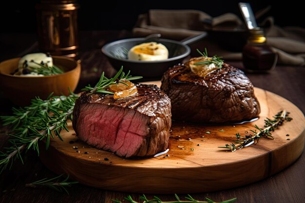 Jugoso filete mignon a la parrilla con mantequilla en una mesa rústica de madera con verduras Ai generativo