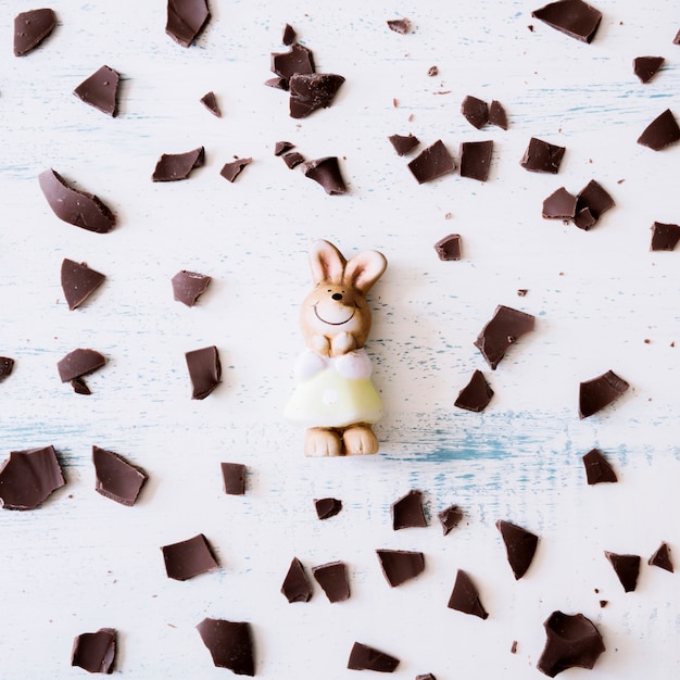 Juguete de conejo entre pedazos de chocolate