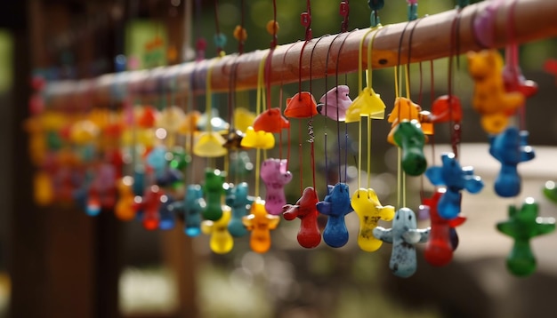 Juguete multicolor colgando de una cuerda azul al aire libre generado por IA