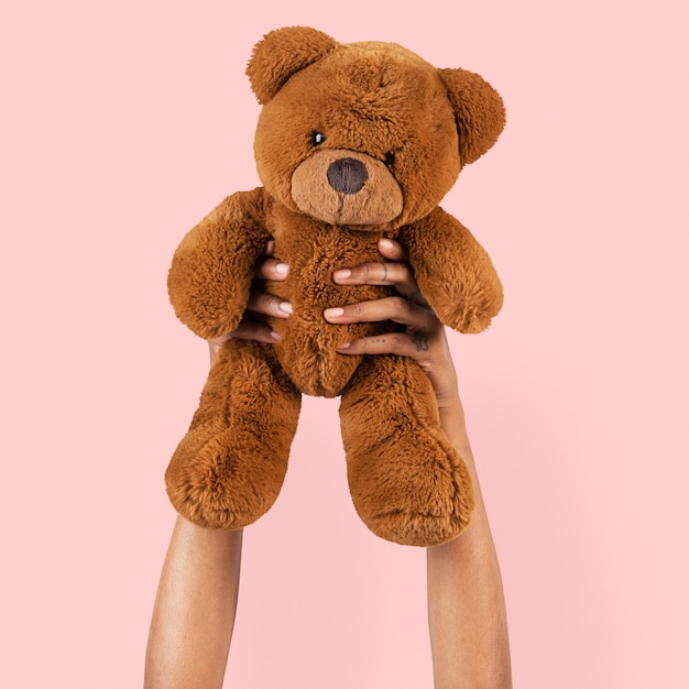 Juguete de oso de peluche sostenido por una mano para niños