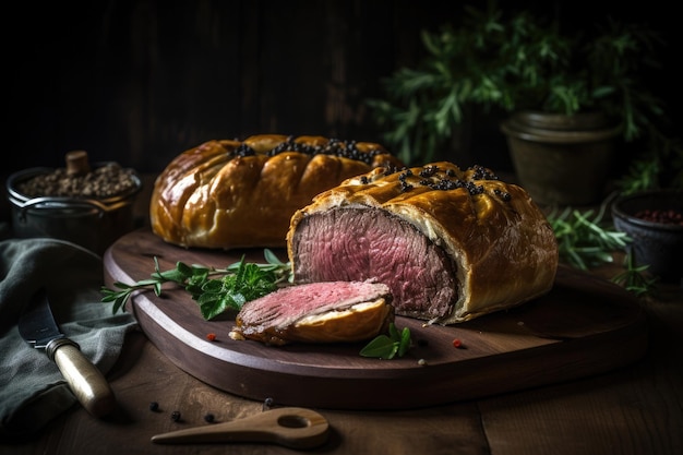 Foto gratuita juicy beef wellington plato de lomo sobre mesa de madera rústica comida inglesa ai generativo