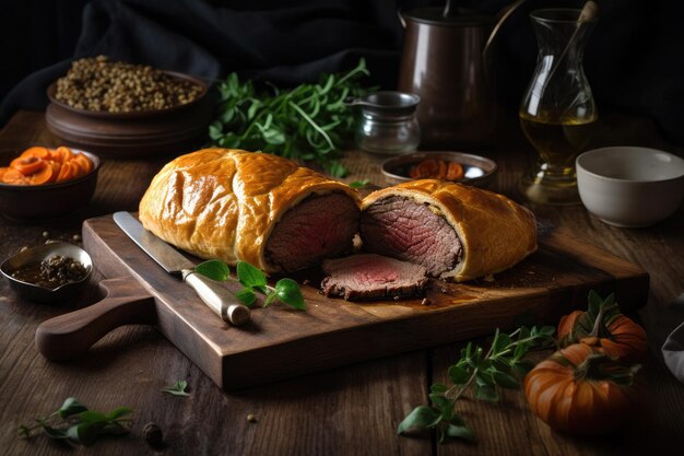 Juicy Beef Wellington plato de lomo sobre mesa de madera rústica comida inglesa Ai generativo