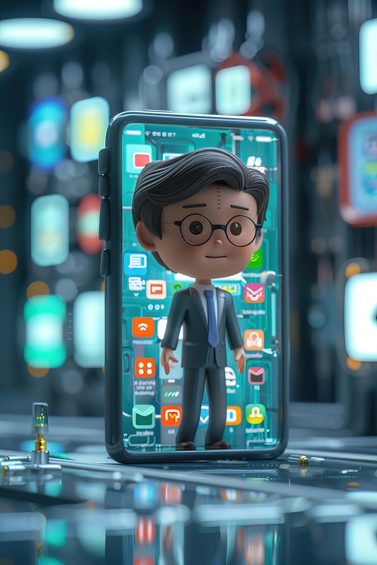 Photo Gratis karakter 3d muncul dari sebuah smartphone