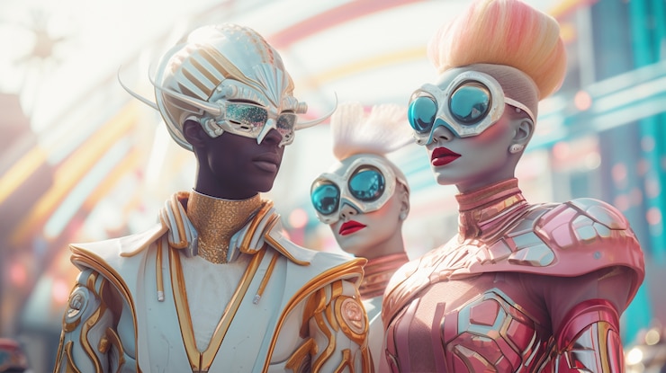 Photo Gratis karakter mengenakan kostum di karnaval futuristik