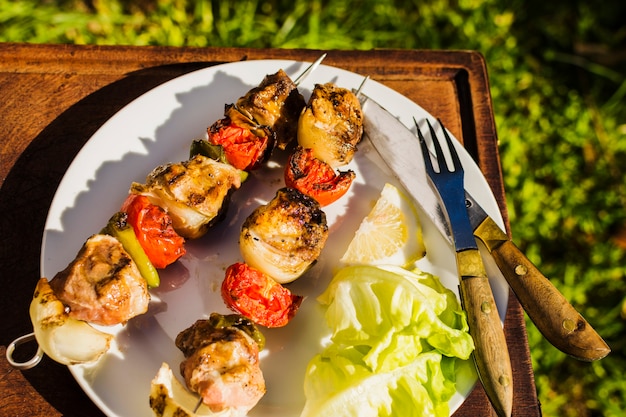 Kebab de carne y verduras a la brasa.