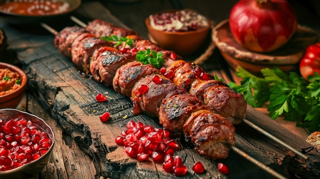 Foto gratuita kebab georgiano mtsvadi con granos maduros de granada rota y aperitivo pkhali y badrijani