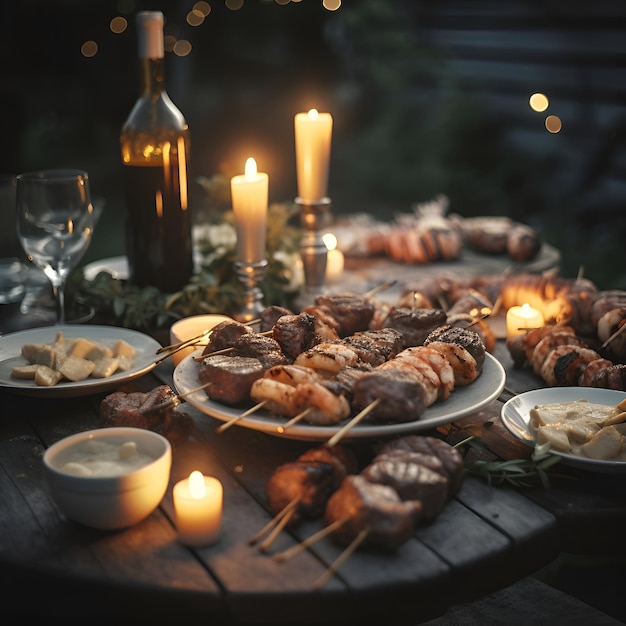 Kebab a la parrilla en pinchos con vino de queso y galletas en una mesa de madera