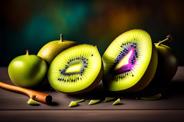 Foto gratuita kiwi en una mesa de madera con palitos de canela