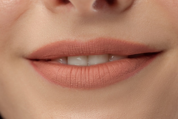 Labios perfectos. Sonrisa de la mujer joven de la belleza. Labio completo regordete natural. Cerrar detalle