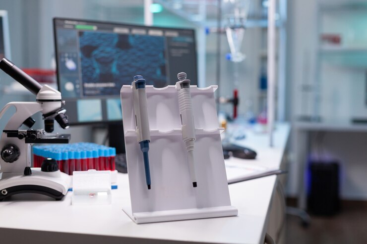 Foto gratuito laboratorio hospitalario de microbiología médica equipado con micropipeta biológica de medicina