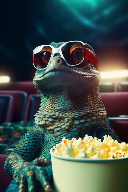 Foto gratuita lagarto 3d en el cine viendo una película