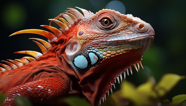 Foto gratuita lagarto iguana verde con dinosaurio tropical con cuernos macro alienígena del bosque generado por inteligencia artificial